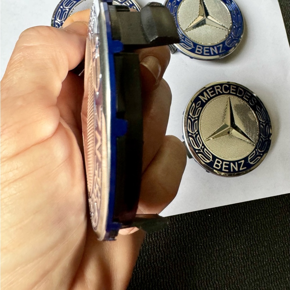 Officially Mercedes Benz Wheel Center Caps Silver and Blue Emblem Set - Picture 2 of 4